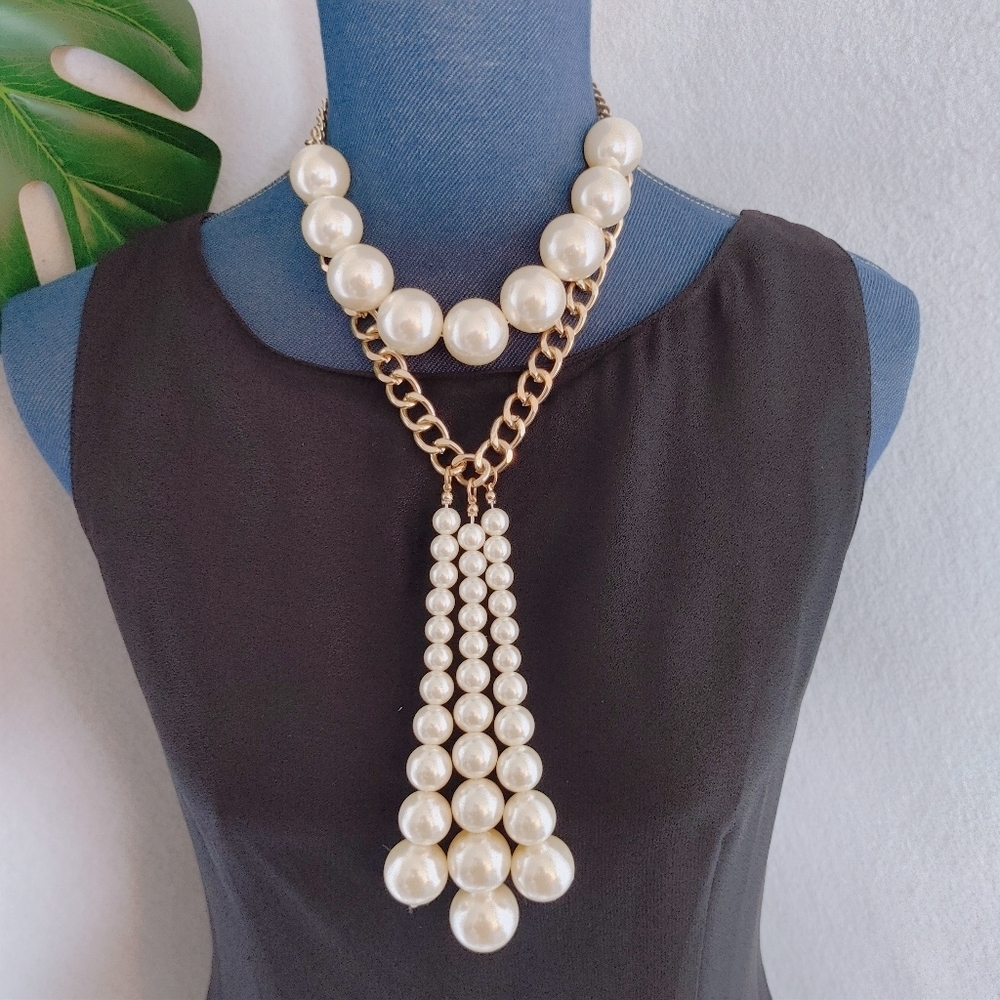 2 Strand Gold Chain & Pearl Tassels Necklace Set